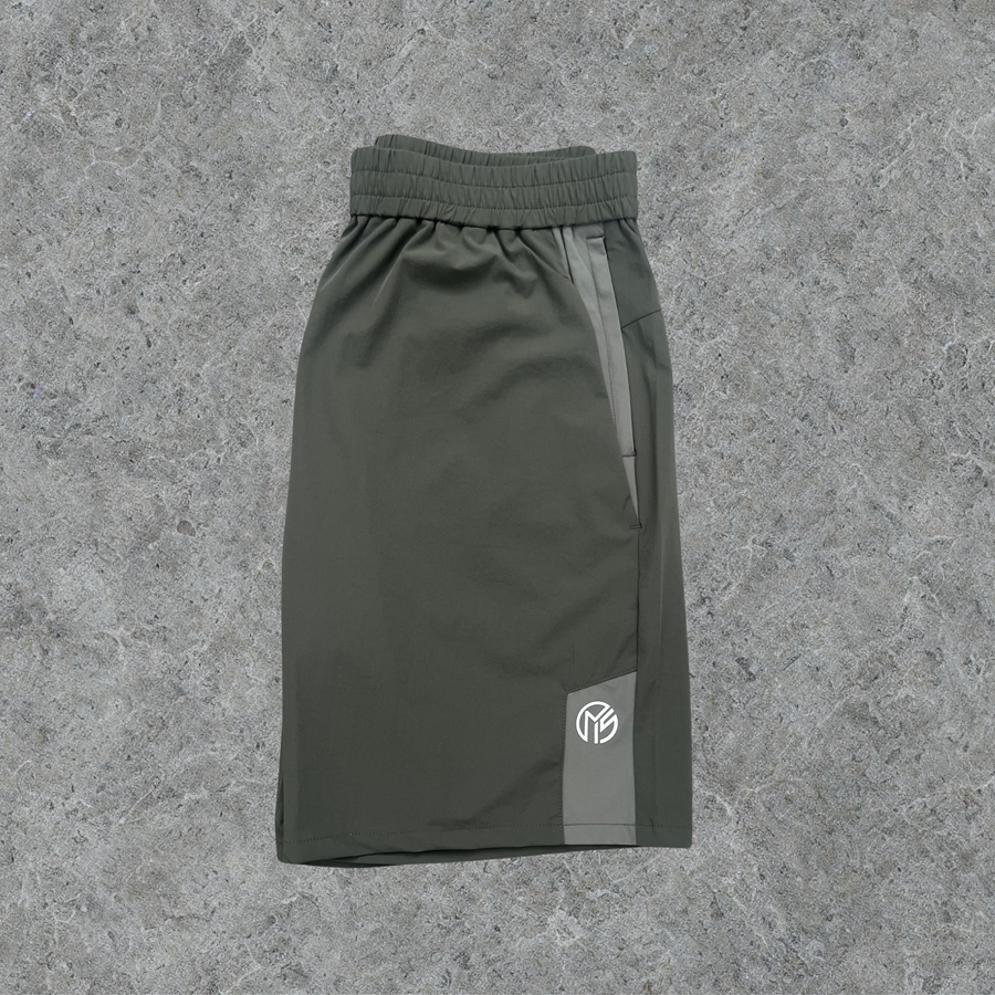 OMIS Movement men’s khaki nylon gym shorts front view