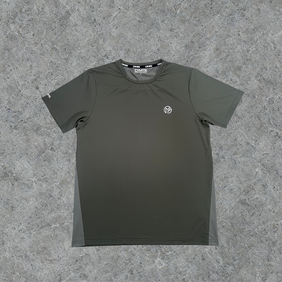 OMIS Movement men’s khaki performance T-shirt front view